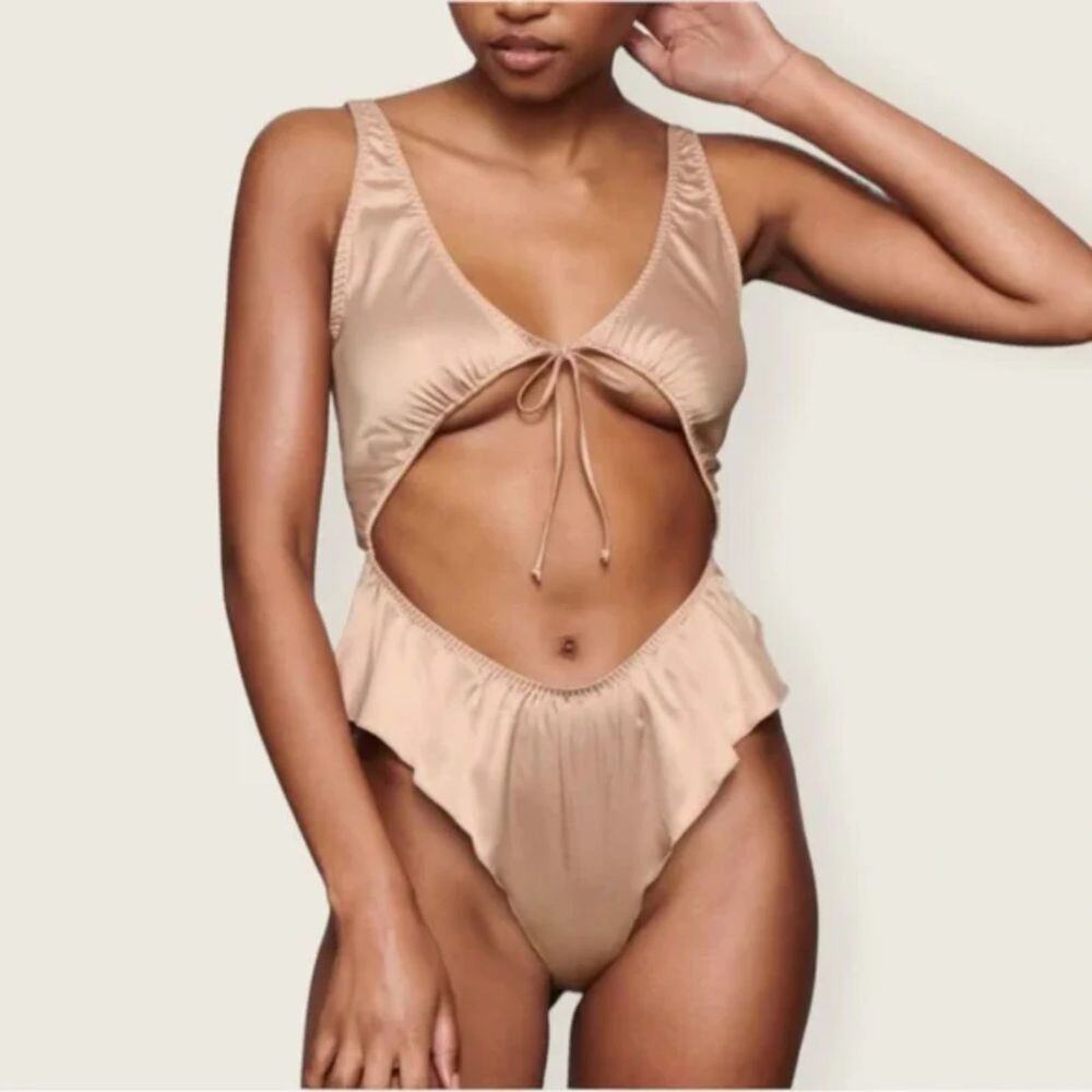 SKIMS Woven Shine Tie Front Teddy Bodysuit Cut Out Plunge Neck Pink Sand Size XL